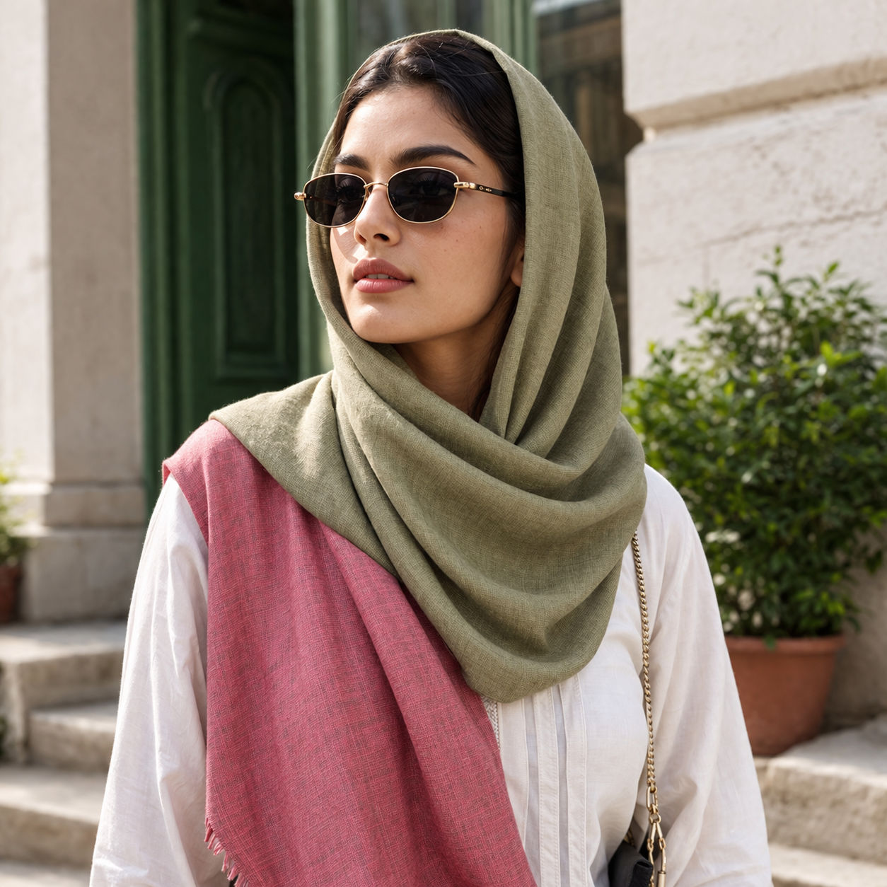 Soft Green/Pale Red Shawl Wrap